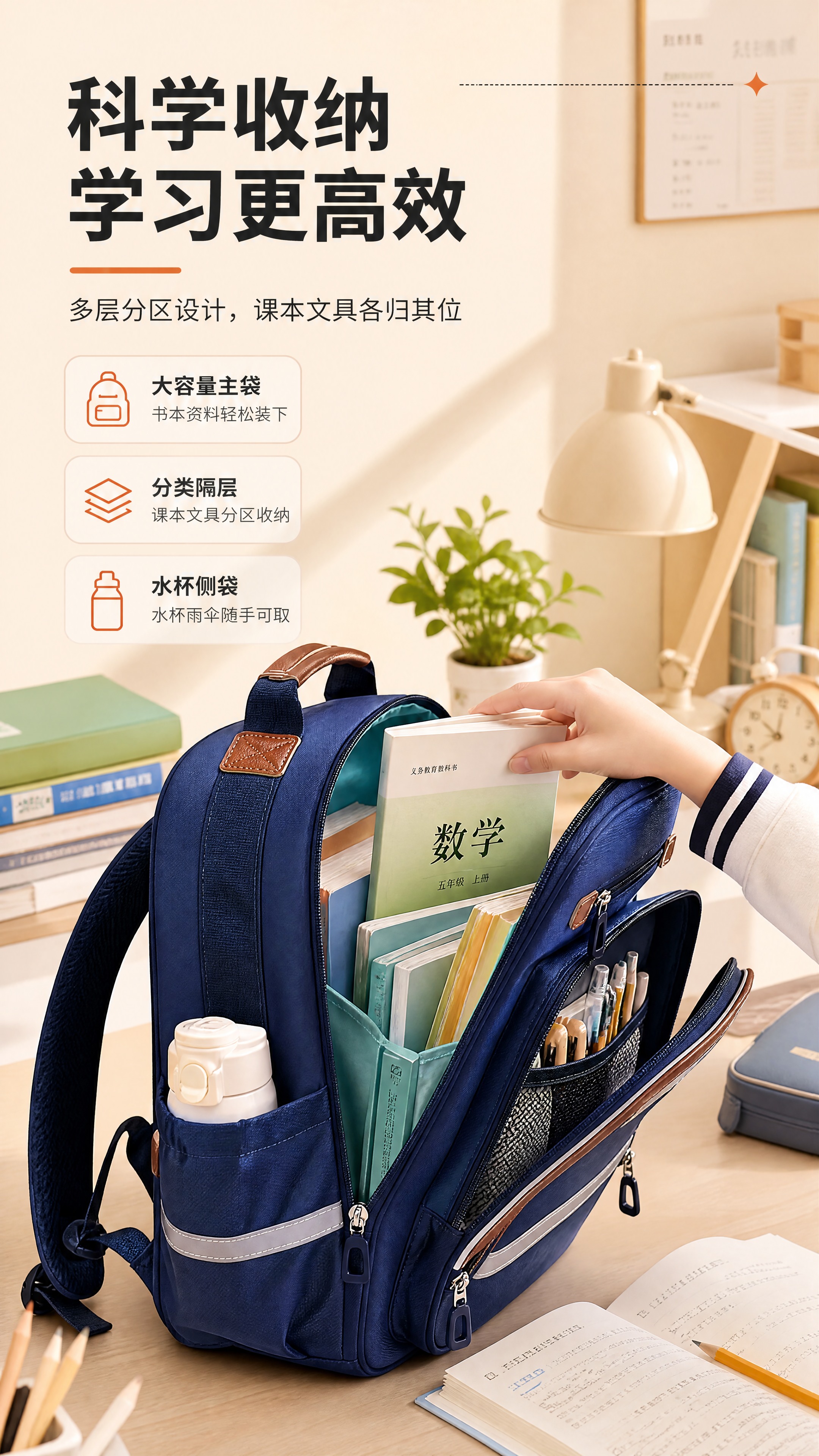 [商品] 使用【图5】宝蓝色小学生书包开合状态；保留书包大容量… - 图片创意预览