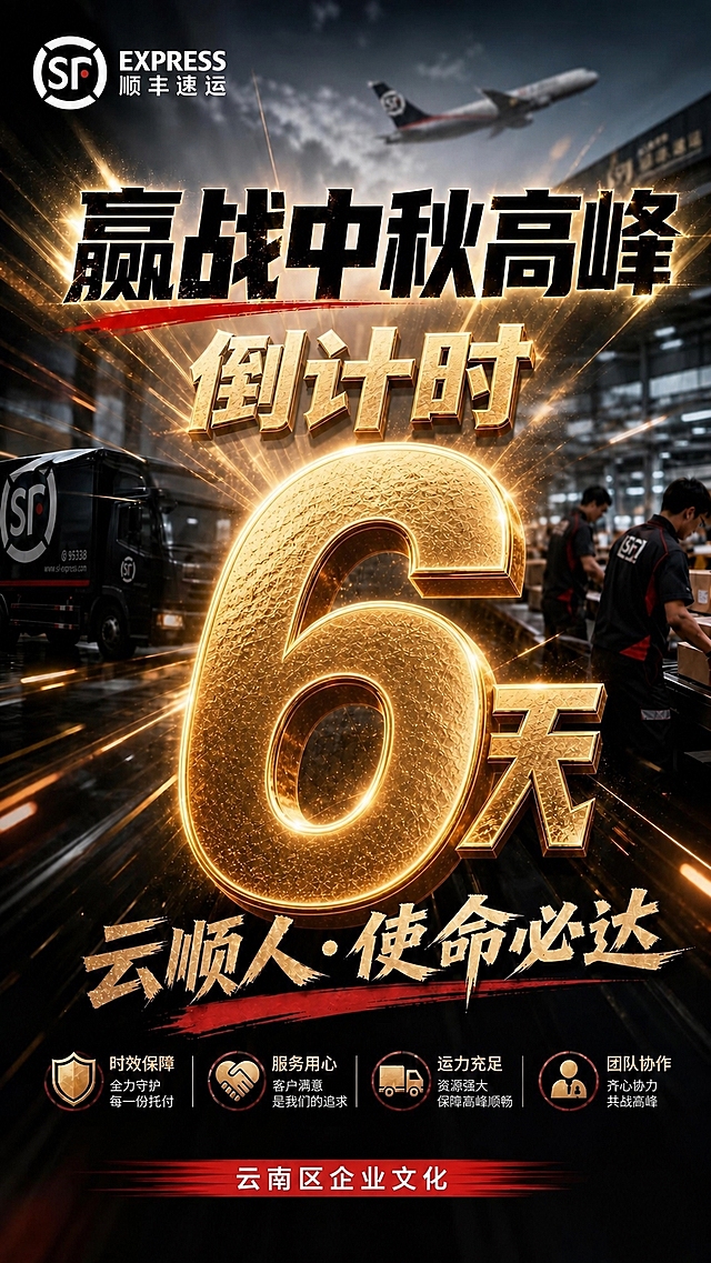 将海报中间的金色立体数字“7”改为数字“6”，保持完全相同的金色金属质感、立体效果、光线特效和整体风格，其余所有元素（文字、背景、人物、车辆、飞机等）保持不变