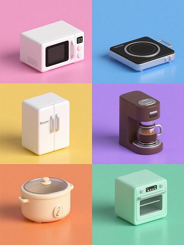 六个家用电器产品以等距网格形式规整排布的系列素材集合，每个产品具有不同纯色背景（如粉色、蓝色、黄色、紫色、橙色、绿色），采用软3D风格，整体画面色彩明快清新，包含微波炉（白色主体配黑色控制面板）、电磁炉（黑色微晶面板配银色边框）、电饭煲（米色锅身配透明玻璃盖）、冰箱（双门白色设计带银色把手）、咖啡机（深棕色机身配银色金属部件）、烤箱（浅绿色外观带透明观察窗），每个家电细节丰富，边缘圆润，光影柔和，具有轻微的立体感和光泽度，整体呈现简洁现代的家居电器设计感。