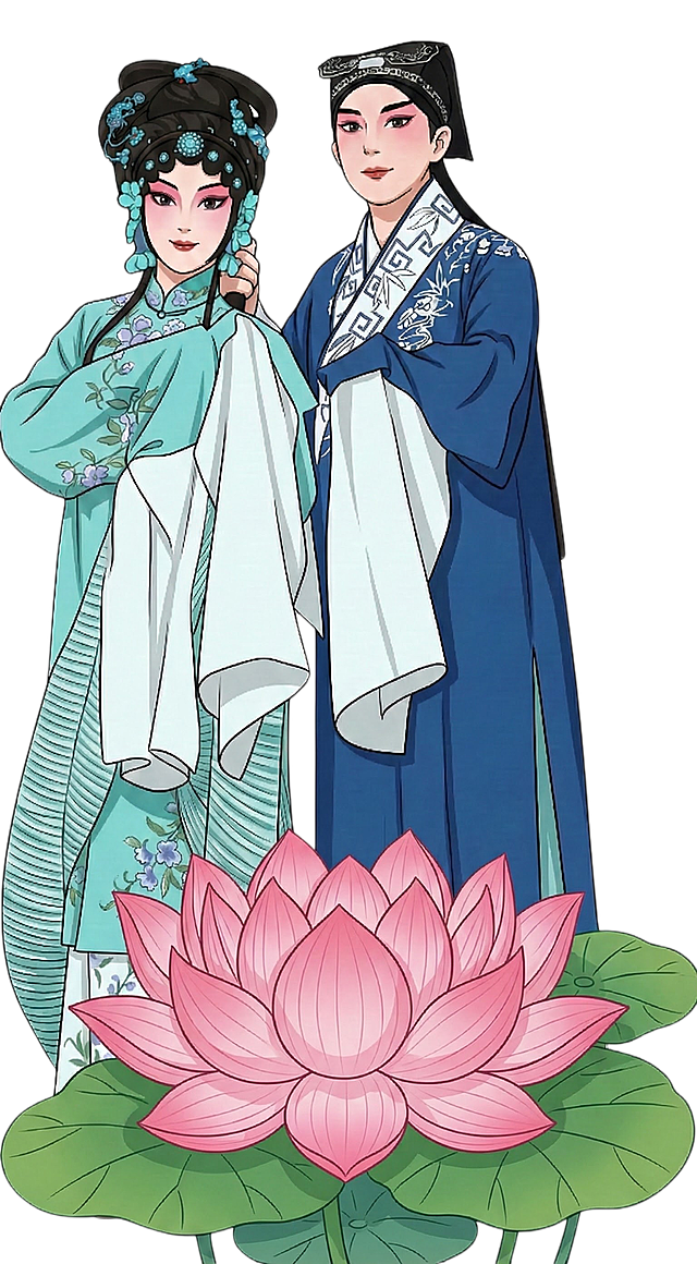 生成一朵荷花，在这两个人脚下踩着，荷花的风格要卡通一点，像另外一张图一样的形态