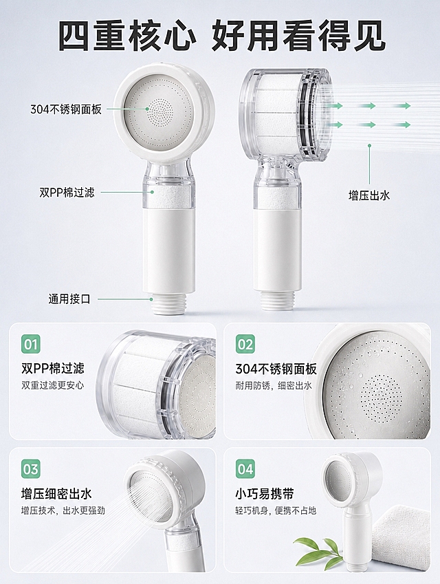 [商品] 使用【图1】便携增压过滤花洒结构卖点详情图；保留整体构图、标题文字、引线标注、四宫格排版、背景色、产品外形与白色主体不变；将图中所有透明壳内的PP棉过滤芯（包括上方两个产品图和四宫格01、04中的过滤棉）全部由棕褐色/米黄色改为纯白色棉质感，保持棉的纹理与体积感，其余画面元素、文字、引线、图标位置完全不变。
[画面] 目标=统一修正所有过滤棉颜色为白色，上下分栏构图不变，上半区双产品展示，下半区四宫格细节；景别=中景+微距结合不变。
[视觉] 套系策略：风格=抖音电商清新功能风商业摄影；标题字=粗黑体大字；正文字=简洁无衬线体；主色=奶白+浅灰蓝；背景延展=基于奶白浅灰蓝做深浅层级、同色渐变和细腻雾面质感；强调色=浅薄荷绿，仅用于小面积图标、引线和标签；标题色=深炭灰；正文色=中暖灰；组件=圆角浅底信息卡、细线引线、编号圆角方块；光影=左前侧暖柔光。
[文字] 顶部主标题「四重核心 好用看得见」，引线标注：304不锈钢面板、双PP棉过滤、增压出水、通用接口；底部四宫格文字：①双PP棉过滤 双重过滤更安心 ②304不锈钢面板 耐用防锈，细密出水 ③增压细密出水 增压技术，出水更强劲 ④小巧易携带 轻巧机身，便携不占地；所有文字内容、位置、大小完全不变。
[规格] 比例3:4竖版，分辨率4K，quality=medium，避免变形、错字、文字位置偏移、过滤棉颜色不统一、产品结构错乱。