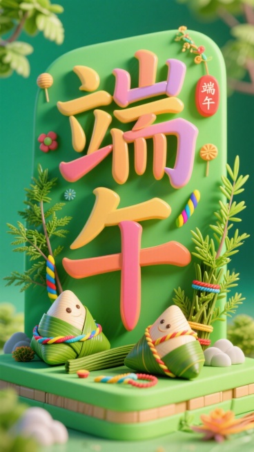 文字内容为“端午"，背景为绿色调，端午节元素装饰预览效果