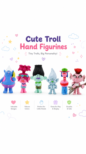 Create an English long e-commerce scene image for these 6 small troll hand figurines. Mainly use a w预览效果