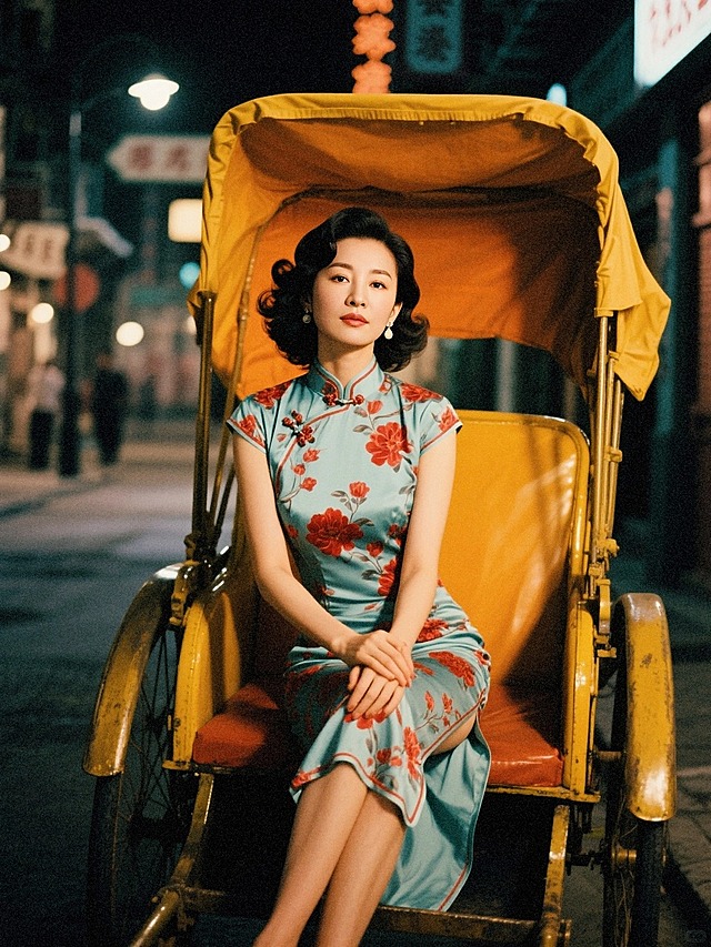 夜晚的60年代香港街道，一个女生（淡青底红花旗袍，手推波发型）坐在老式黄包车后座，双手交叠放在腿上，御姐。看镜头。