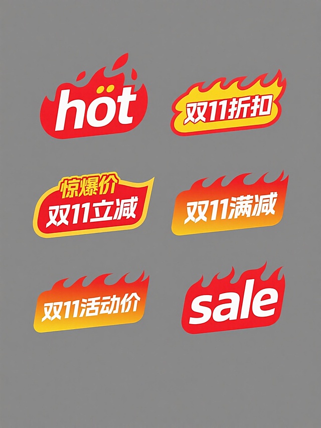 六个规整排列的促销标签素材，每个标签为单一元素设计，纯色背景。标签文案包含“hot”、“双11折扣”、“双11立减”、“双11满减”、“双11活动价”、“sale”。整体设计风格简洁醒目，采用类似示例中“惊爆价”标签的火焰元素风格和红黄渐变色彩搭配，文字使用醒目字体，突出促销氛围，适合电商促销活动使用。