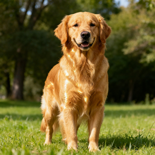 一只拥有健康体魄的金毛犬，毛色金黄亮丽有光泽，体型健壮匀称，性格温和友善，背景自然清新预览效果
