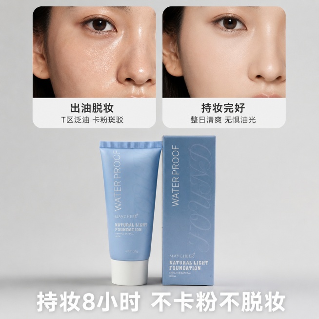 [主图-4] MAYCHEER粉底液持妆效果对比图。
[氛围风格] 直观对比，专业可信，干净高级。
[画质] 高清摄影，对比清晰，细节真实。
[元素] 上下分栏构图，上方左侧圆形圆角框展示"出油脱妆"预览效果