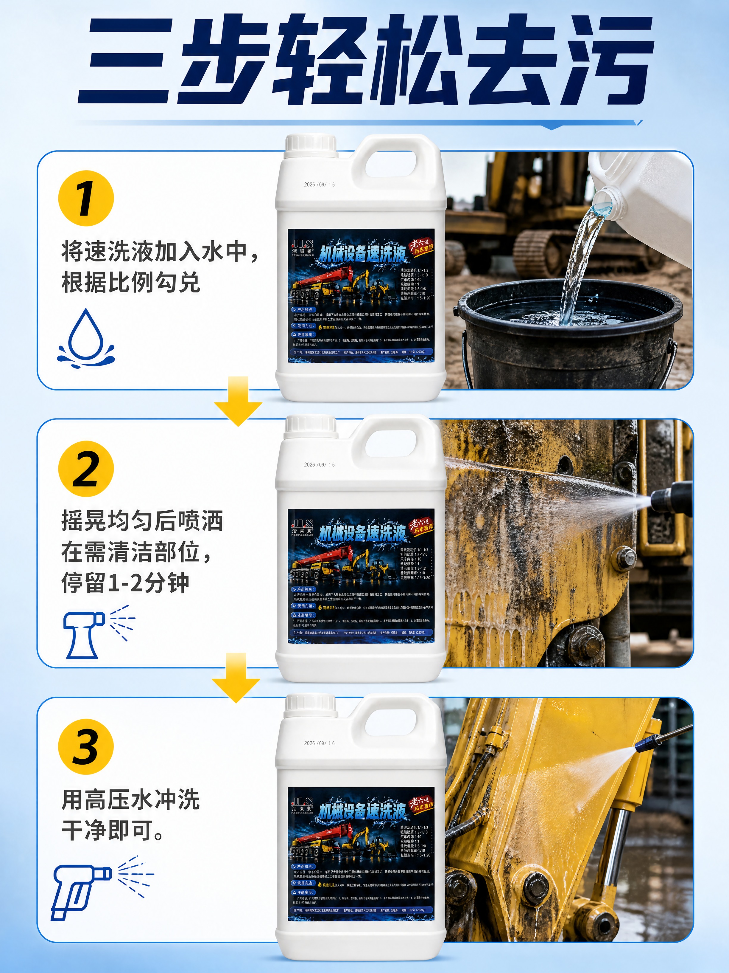[商品] 使用【图1】洁莱素机械设备速洗液产品图；产品放在步骤… - 图片创意预览