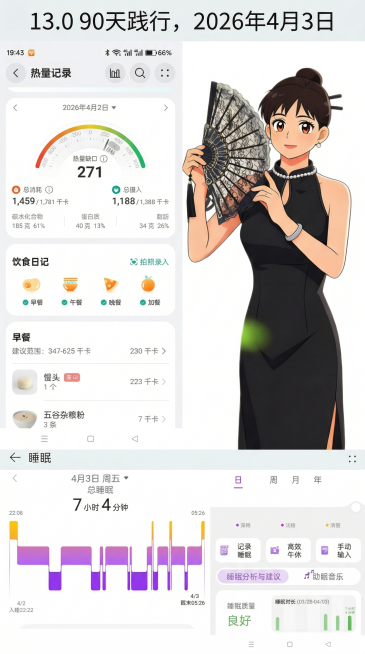 将三张图片垂直拼接合并为一张图片，顶部添加文字标题'13.0 90天践行，2026年4月3日'，从上到下依次是：热量记录截图、动漫人物图、睡眠记录截图，保持图片内容清晰，排版整齐预览效果