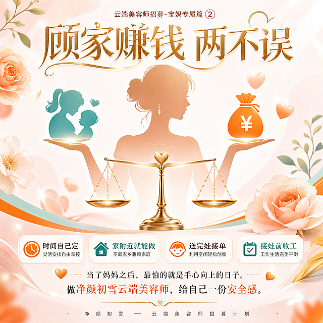 轻奢美业风朋友圈正方形图，1:1比例，爱马仕橙+松石绿+白色配色。云端美容师招募-宝妈专属篇第2张。画面采用平衡概念设计，一个优雅的女性剪影，左手托着一个孩子的小图标，右手托着一个钱袋/工作的图标，中间是平衡的天平，象征家庭与事业的平衡。上方大标题「顾家赚钱 两不误」金色柔美大字。下方四个标签：时间自己定、家附近就能做、送完娃接单、接娃前收工。底部文案：当了妈妈之后，最怕的就是手心向上的日子。做净颜初雪云端美容师，给自己一份安全感。背景为柔和的白色和浅粉色渐变，爱马仕橙和松石绿做点缀，有花朵、爱心等温暖元素。整体风格温暖有共鸣，美业轻奢风，版式精美，文字清晰可读。2K画质。