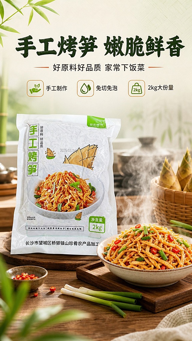 [商品] 使用【图1】手工烤笋2kg袋装产品；保留白色包装袋、绿色标签、"手工烤笋"大字、"好原料好品质"字样、笋图案、成品菜图示、净含量2kg标识、生产厂家文字等全部包装元素和颜色；包装袋自然平整，保留真实材质质感。
[画面] 目标：食欲氛围头图，突出手工烤笋家常下饭菜定位。构图：上文下图，上方30%留白放标题文案，下方70%为产品主体+成品菜+厨房场景；产品包装袋居中偏左，占画面45%，右侧搭配一碗刚炒好的烤笋丝成品菜特写，点缀葱花、红椒；背景为虚化的中式厨房灶台、竹篮、新鲜竹笋；前景有蒸汽升腾效果，营造刚出锅的烟火气；前中后景层次分明，≥3层环境元素。
[视觉] 套系策略：风格=家常烟火气商业美食摄影；标题字=粗黑体带手写感；正文字=简洁黑体；主色=嫩笋绿+米白；背景延展=基于米白+浅绿做深浅层级、同色渐变和细腻纸张/竹纹质感；强调色=暖橙红，仅用于小面积图标、引线和标签；标题色=深墨绿；正文色=深暖灰；组件=圆角浅底信息卡、细线引线、竹叶图标；光影=左前侧暖自然光，柔和明亮。
[文字] 上方主标题「手工烤笋 嫩脆鲜香」，副标题「好原料好品质 家常下饭菜」，下方配3个小卖点图标：手工制作、免切免泡、2kg大份量；文字全部横排，不遮挡产品主体和成品菜主要部分。
[规格] 图片比例9:16竖版，4K分辨率，medium质量；避免变形、错字、文字过小、冷蓝背景、包装文字错乱、虚假功效宣传。