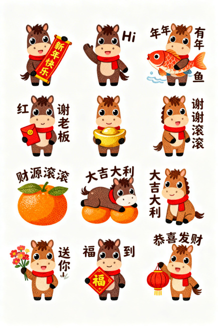 丝网印刷质感 × 极简留白 × 高饱和色彩 × 日式排版秩序感，深浅不一的棕色构成的极简Q版卡通小马，大眼睛，小马脖子上缠绕着红色围巾，网点纹理显著。以此为基础制作一个9宫格的新年小马表情包，9种表情预览效果