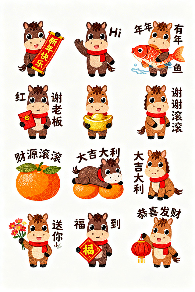 卡通拟人马形象，插画风设计，搭配喜庆元素与噪点质感，传递新年祝福，充满节日欢乐氛围。