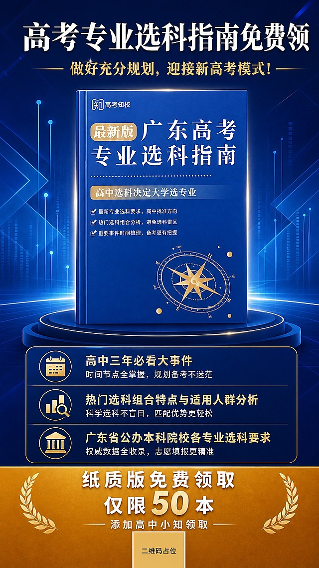 在原图基础上修改底部区域：
1. 将底部金色底栏中的"纸质版免费领取，仅限50本"文字调整为两行换行排列：第一行"纸质版免费领取"，第二行"仅限50本"，两行居中对齐，数字"50"保持醒目大字体。
2. 在"添加高中小知领取"文字下方，留出一个正方形二维码放置区域，区域内使用纯色方块占位符呈现，方块中央标注"二维码占位"文字，严禁生成任何可识别的二维码图案。二维码占位区居中放置，大小适中。
3. 保持整体蓝金配色风格不变，书籍主体、顶部标题、中部三个卖点卡片均保持原样不动。
4. 底部区域整体布局协调美观，文字清晰可读。
5. 画面中所有数字必须精确渲染，不得错位、遗漏或编造。