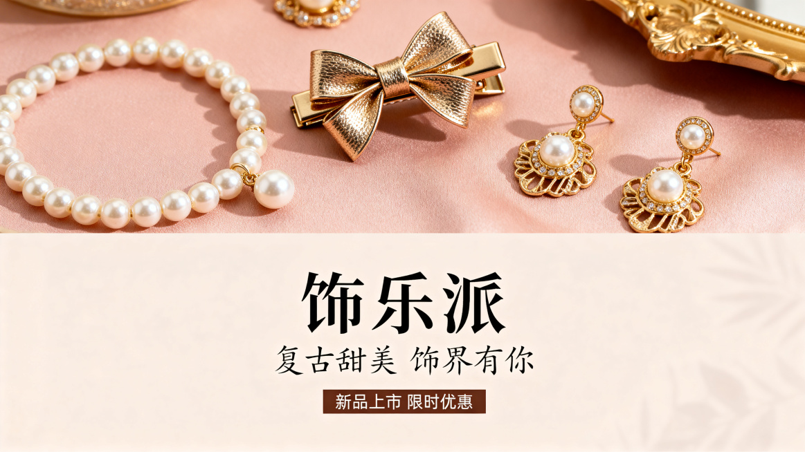 饰乐派饰品店宣传banner图，店面名称为“饰乐派”，整体风格复古高级又甜美，上图下文布局，上方展示精美的复古甜美风格饰品，下方为宣传文字，整体画面高级精致预览效果