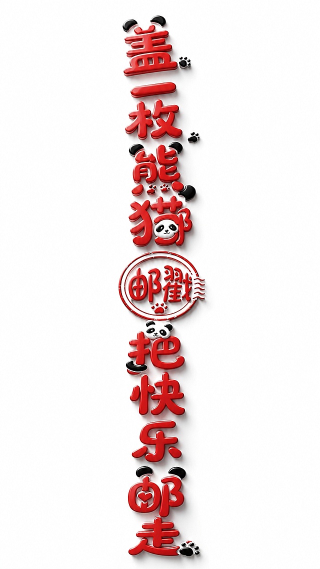 在原有竖向排版基础上，将"盖一枚熊猫邮戳 把快乐邮走"艺术字做成立体效果，保留所有熊猫、邮戳、爪印装饰元素，保持红色黑色配色，增加3D立体感和阴影效果，白色干净背景，所有文字竖向排列顺序不变，文字整体完整不可裁切，比例9:16。