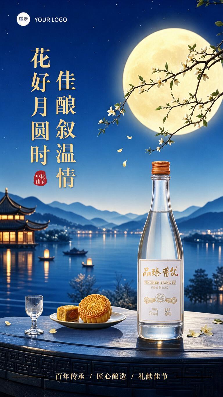 参考图1的中秋国风场景构图和整体风格，将图1中的青色酒瓶替换为… - 图片创意预览