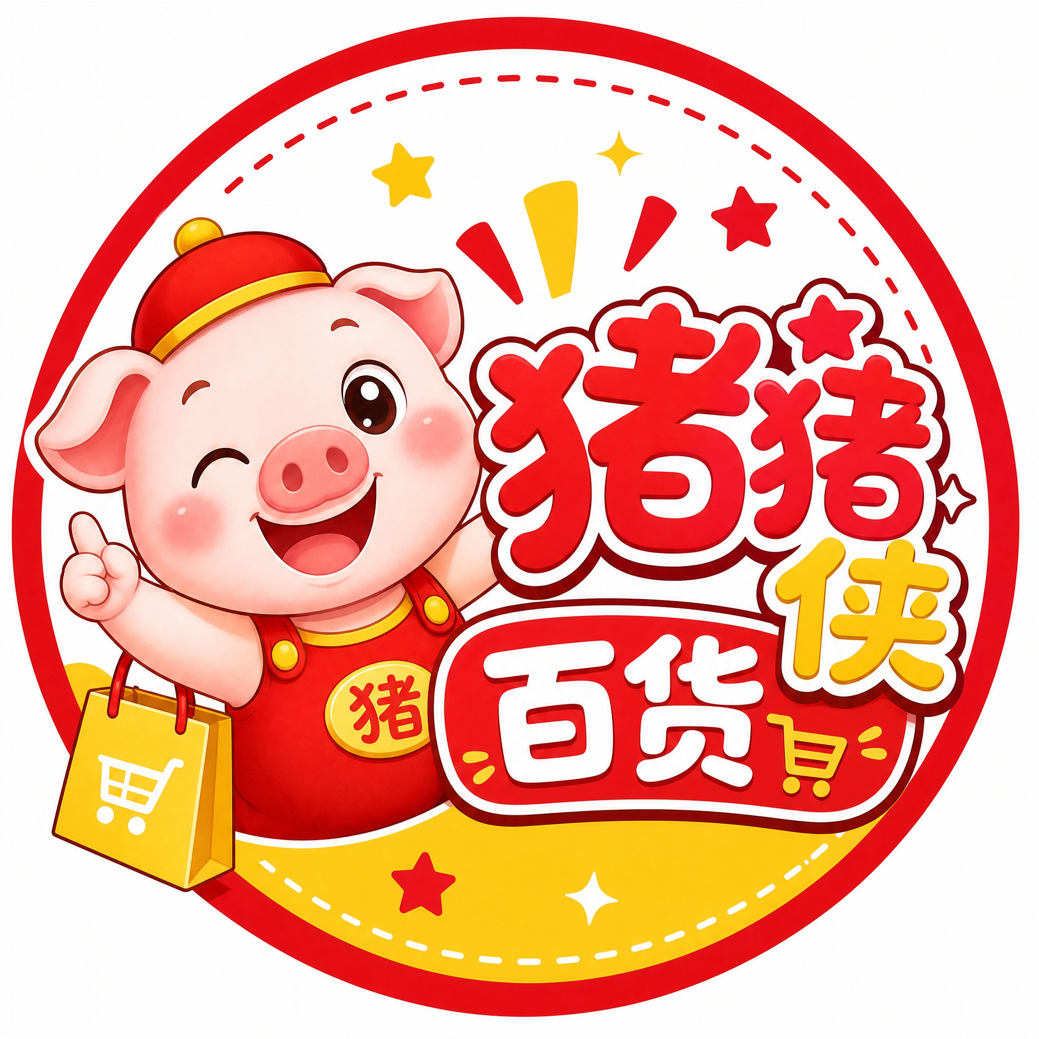 百货店标设计，卡通可爱风格，主体是一只戴着红色小帽子的可爱小猪… - 图片创意预览
