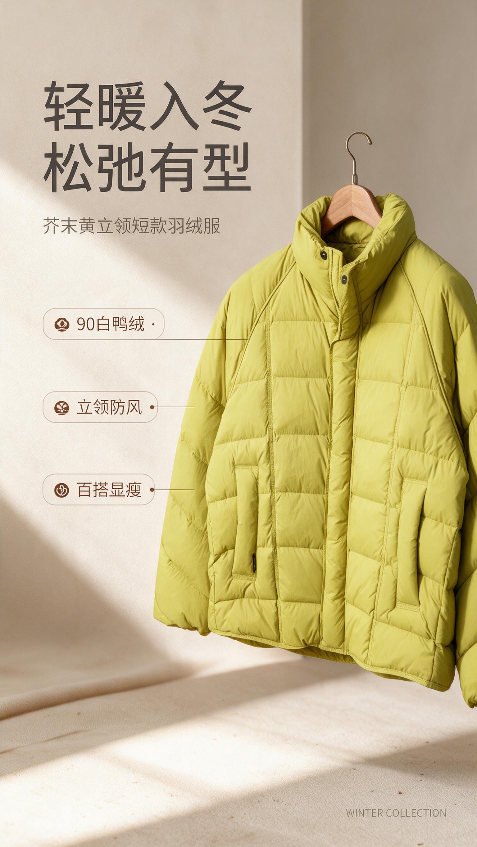 [商品] 使用【图1】芥末黄立领短款羽绒服；商品处理：保留立领… - 图片创意预览