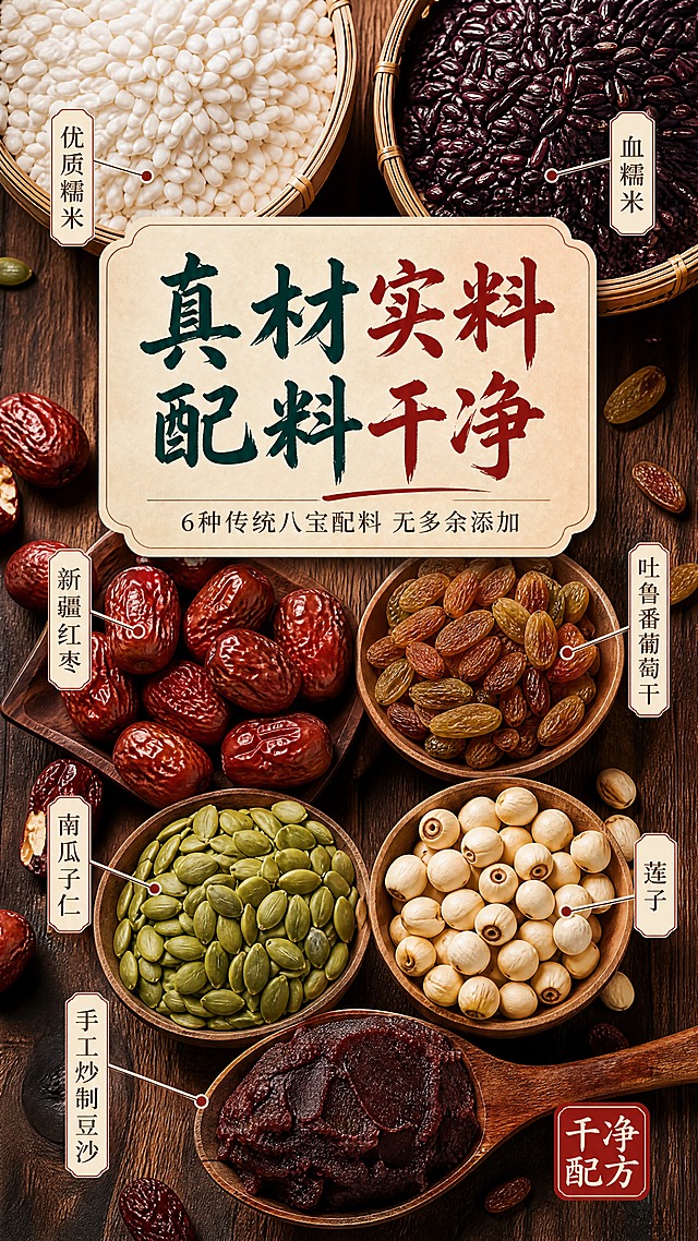 [商品] 成分原料专张，以真实食材原料为主角；参考【图1】的配料种类与质感，展示糯米、血糯米、红枣、葡萄干、南瓜子仁、莲子、红豆沙等原料；原料新鲜饱满，颜色真实自然。
[画面] 目标：成分/产地展示，突出配料干净、传统真材实料。构图：原料平铺俯拍+中心留白文字区；各类原料分区域摆放，占画面70%以上；左上糯米、右上血糯米、中间红枣与葡萄干、下方南瓜子与莲子、底部一勺绵密豆沙；背景为深棕色老木板，带自然木纹；原料颗粒大且清晰，单种原料占比≥15%，主视觉原料合计≥60%；≥3层视觉层次（木板底/原料层/文字卡片层）。
[视觉] 套系策略：风格=中式传统美食摄影，暖调家常烟火气，高级有食欲；标题字=国风书法粗体，带毛笔笔锋；正文字=简洁宋体；主色=深枣红+暖米棕；背景延展=基于暖木棕做深浅层级、同色渐变和木质/蒸笼竹编质感；强调色=朱砂红，仅用于小面积标签、引线和重点字高亮；标题色=深墨绿+朱砂红双色书法字；正文色=深棕灰；组件=圆角米白底信息卡、细棕线引线、印章式标签；光影=正上方柔和暖光，原料表面有自然高光，阴影柔和。
[文字] 中上位置主标题「真材实料 配料干净」（书法大字），副标题「6种传统八宝配料 无多余添加」；下方配5个原料标签引线：优质糯米 | 新疆红枣 | 吐鲁番葡萄干 | 南瓜子仁 | 手工炒制豆沙；右下角小印章「干净配方」。
[规格] 图片比例9:16竖版，4K分辨率，medium质量；避免变形、错字、文字过小、冷蓝/冷灰背景、原料不新鲜、现代感过强、原料占比过小。