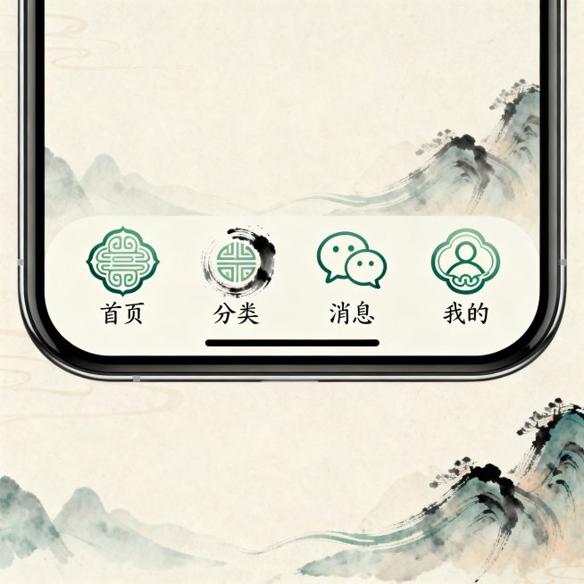 国风风格的UI界面底部tab icon，包含四个常用导航图标，分别为首页、分类、消息、我的，采用传统中式纹样、水墨笔触或古风元素设计，配色雅致，线条流畅圆润，适配移动端UI界面使用，整体风格统一和谐，预览效果