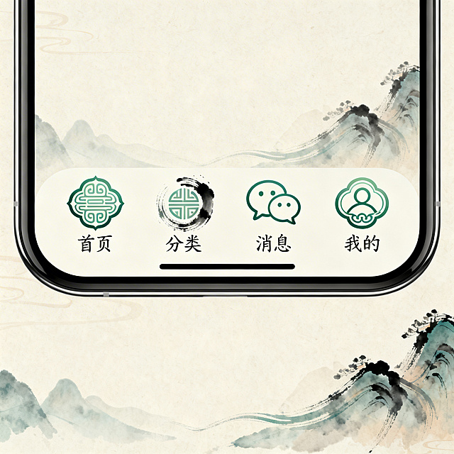 国风风格的UI界面底部tab icon，包含四个常用导航图标，分别为首页、分类、消息、我的，采用传统中式纹样、水墨笔触或古风元素设计，配色雅致，线条流畅圆润，适配移动端UI界面使用，整体风格统一和谐，兼具辨识度与国风美感