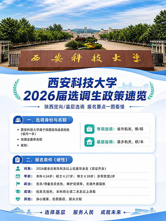 按照参考模板的蓝白清新风格，生成西安科技大学2026届选调生政策第一张主图，3:4比例。顶部放置校门图片（https://gdesign-dam-hz.dancf.com/36676025425451152/6e91d197635241188a0ed46fd233b4e1.png），顶部大标题："西安科技大学 2026届选调生政策速览"，副标题："陕西定向/基层选调 报名要点一图看懂"，内容包含：一、选调身份与名额 西安科技大学属于陕西定向选调高校（省内一本），有固定推荐名额；类别：专项选调（省市机关，博/硕）+基层选调（县乡机关，硕/本）。二、报名条件（硬性） 对象：2026届全日制本科及以上应届毕业生（双证齐全）。年龄：本科≤24岁；硕士≤27岁；博士≤30岁；参军放宽2岁。政治：党员/预备党员优先，拥护党领导，无境外居留权。成绩：优良无挂科，本科硕士须二本及以上录取。其他：身心健康、志愿基层、服从分配。底部标语："选择基层 服务人民 成就未来"，保持和参考模板一致的版式配色和排版风格。