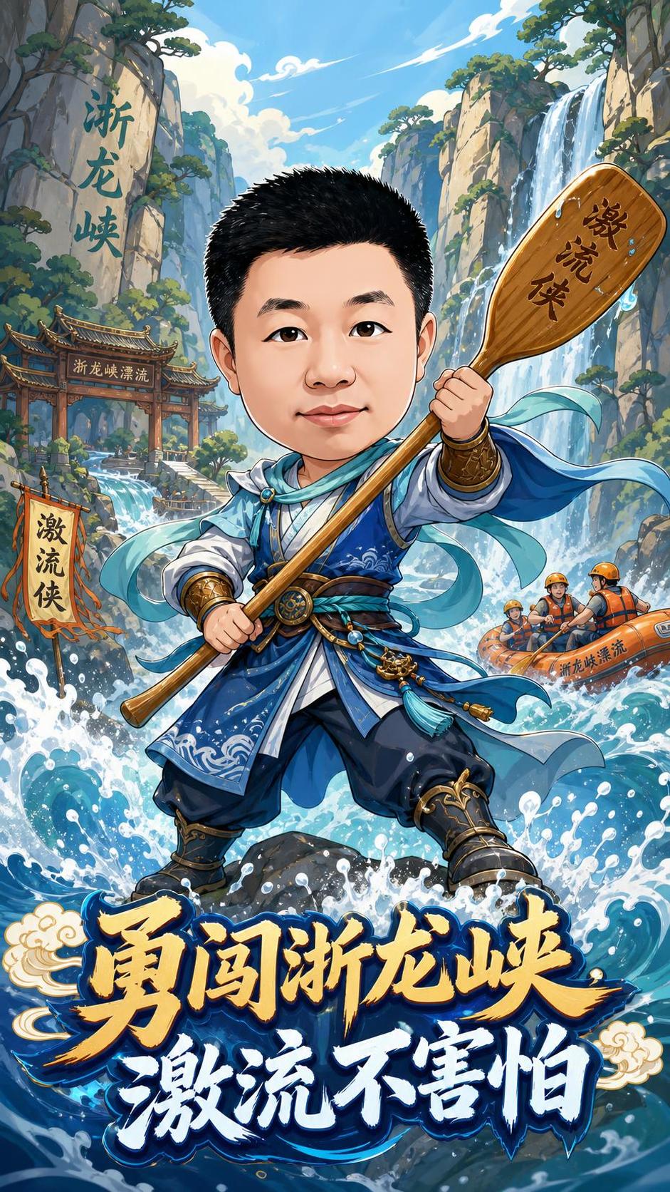 古侠风Q版卡通人物设计，1号【激流侠】，保留参考图中男子的脸部… - 图片创意预览
