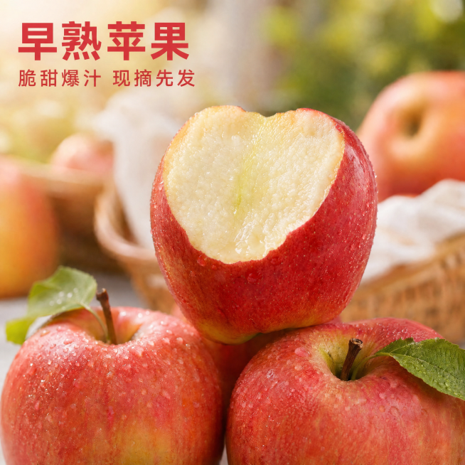 修改图片上的文字，将"早熟红富士"改为"早熟苹果"，保留下方文案"脆甜爆汁 现摘先发"不变，其余苹果画面、构图、光影、水珠、背景都保持原样不变预览效果