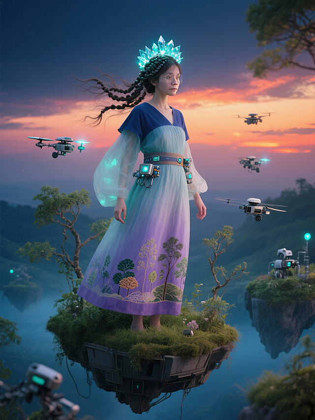 未来感与梦幻交织，科技元素融入自然，3D风格呈现悬浮岛屿与霓虹光影，虚拟现实中的优雅女性身着发光服饰，展现超现实主义的唯美意境。