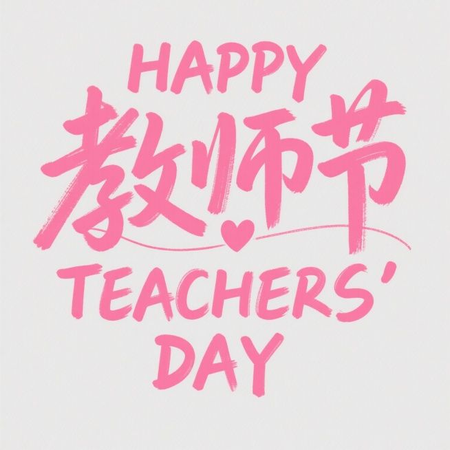 教师节主题艺术字，粉色手写风格字体，“HAPPY TEACHERS' DAY”英文，中文“教师节”，中间有一条线穿插“教师节”三个字，爱心装饰元素，温馨节日氛围，简洁背景预览效果