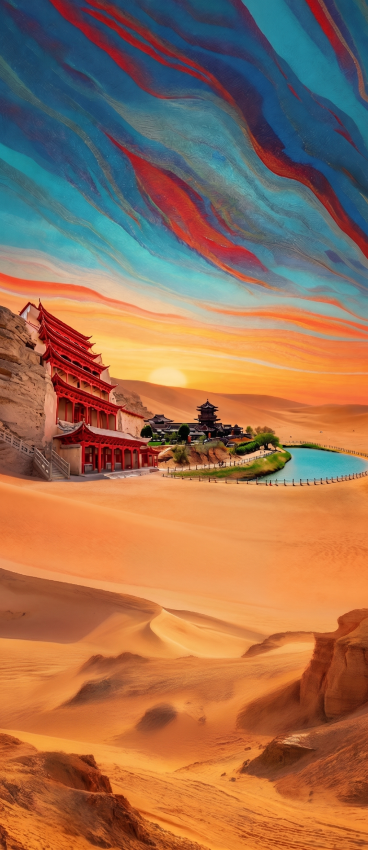 去掉画面中的人物，保留原建筑和构图风格，将整体景色更换为敦煌戈壁场景，保留天空的彩色流动油画质感和黄昏落日预览效果
