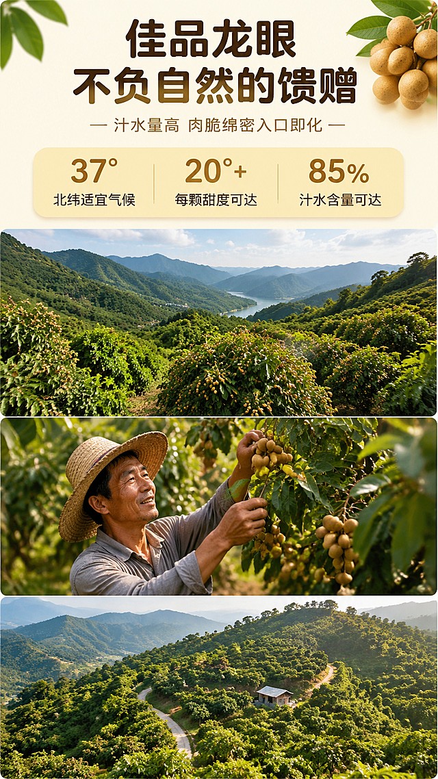 「图片1」参考图片风格，上传您的商品图，生成1套详情页，我的产品是广东龙眼，图片需要更换一下，帮我生成八屏