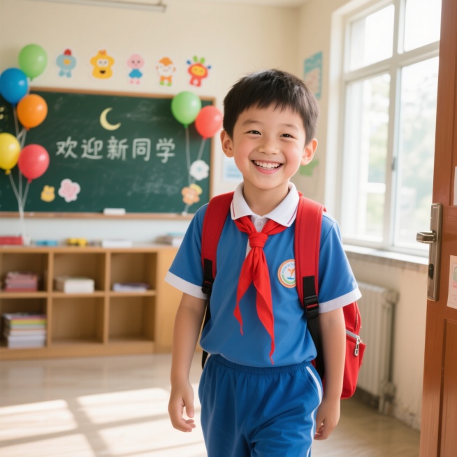 一个6-7岁的小男孩，穿着崭新的蓝色校服，背着红色小书包，胸前佩戴着鲜艳的红领巾，站在小学教室门口，脸上洋溢着灿烂的笑容，眼睛弯成月牙，露出洁白的牙齿，背景是明亮的教室，黑板上写着“欢迎新同学”，周围预览效果