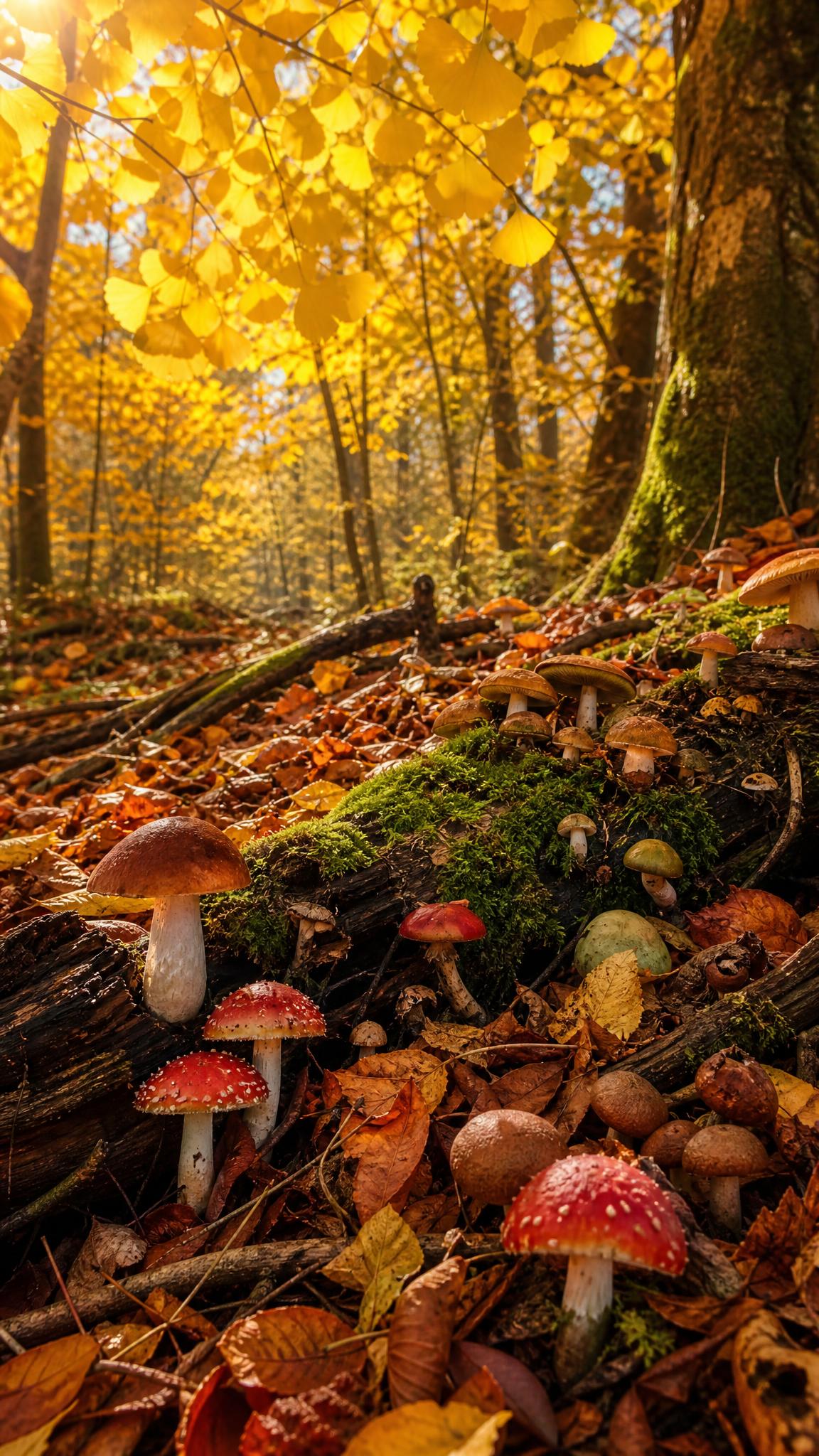 秋天森林蘑菇场景，金黄的银杏树叶挂满枝头，地面铺满橙红色的落叶… - 图片创意预览