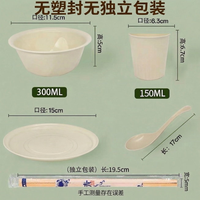 把文字“无塑封无独立包装”放到图片最顶部，使用深色让文字更明显，保持原图所有尺寸标注、餐具信息和其余内容排版不变，保留浅绿背景预览效果