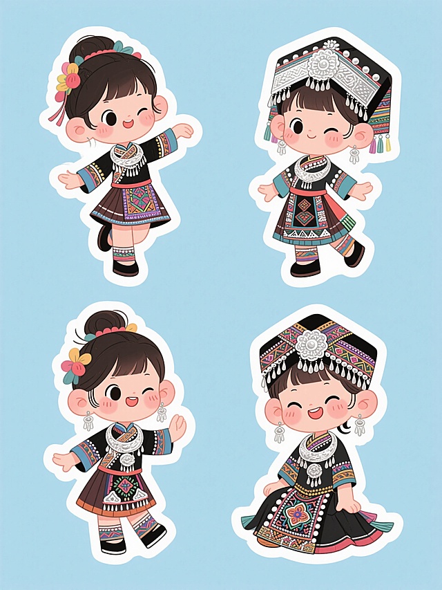 插画，苗族卡通小女孩，6个，浅蓝色背景