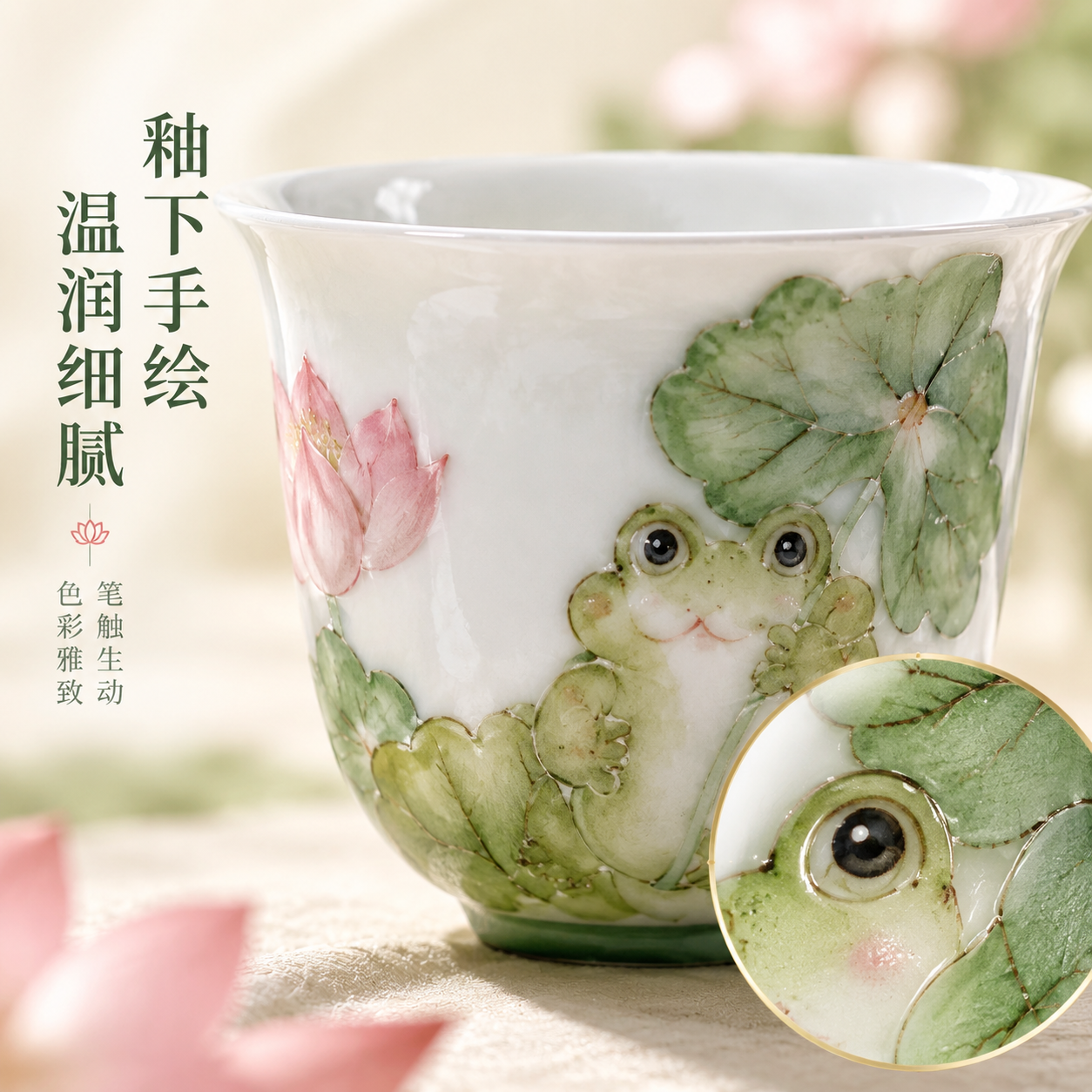 [主图-3] 手绘青蛙荷花小茶杯 材质细节 釉面与手绘笔触特写… - 图片创意预览