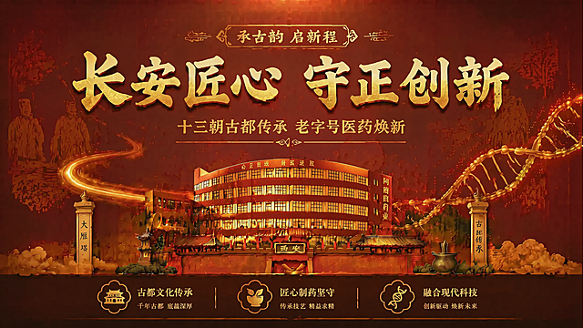 替换原海报中的大雁塔为参考图中的阿房宫药业大楼，对建筑进行艺术化加工，适配原海报的国风微立体插画风格，保留建筑主体轮廓和红墙玻璃特征，统一为宫墙红+鎏金的配色，融入整体画面。保留原海报所有文案、配色、金色光带DNA双螺旋结构和其他设计元素，保持中轴对称构图和16:9比例，整体风格协调统一，适合年会KV展示，4k超高清。