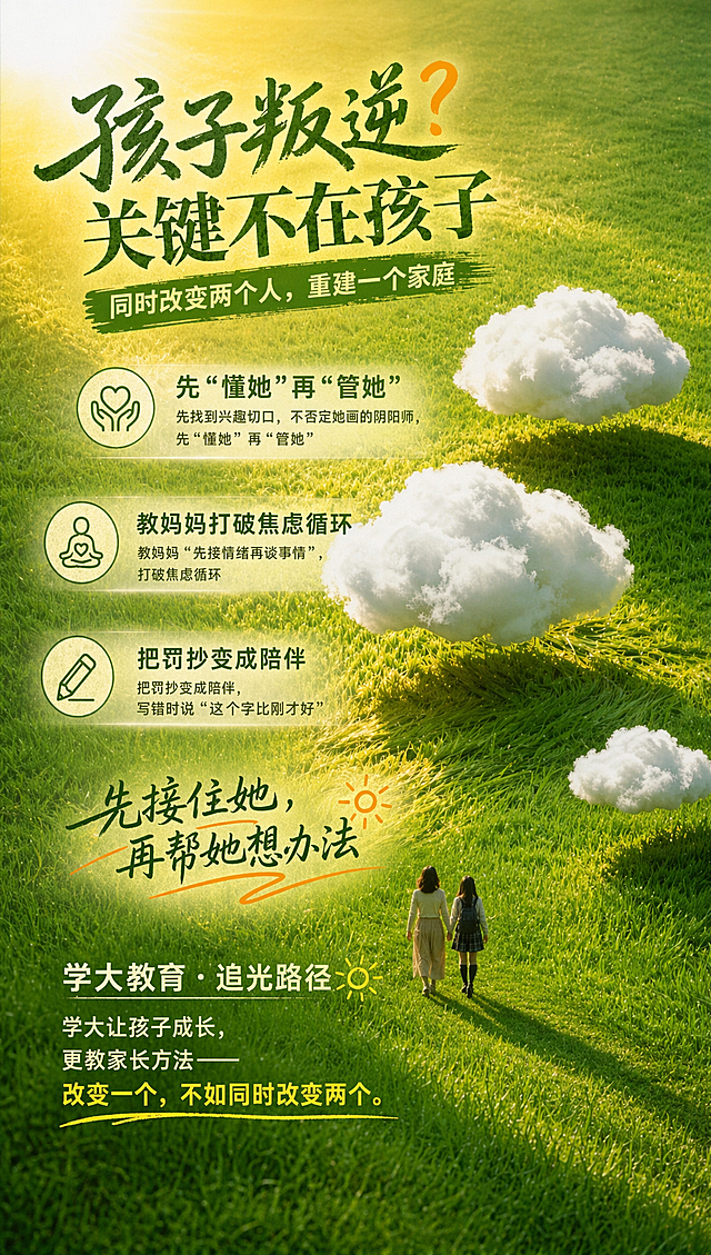 在原图片基础上，填入文案，排版合理，按照层级调整字体大小，除标题外内容字不要太小，色彩搭配协调，画面高端大气但是有朝气生动，文案内容：大标题：孩子叛逆？关键不在孩子；标题：同时改变两个人，重建一个家庭；小标题：先"懂她"再"管她"，先找到兴趣切口，不否定她画的阴阳师，先"懂她"再"管她"；小标题：教妈妈打破焦虑循环，教妈妈"先接情绪再谈事情"，打破焦虑循环；小标题：把罚抄变成陪伴，把罚抄变成陪伴，写错时说"这个字比刚才好"；标题：先接住她，再帮她想办法；标题：学大教育 · 追光路径；小标题：学大让孩子成长，更教家长方法——改变一个，不如同时改变两个。保留原有画面的绿草阳光、云和牵手人物的设计，保持整体创意感，文字排版自然融入画面不遮挡主体