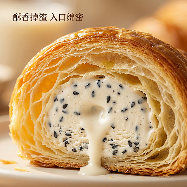 [主图3：细节与成分微观种草] 微距特写冰激凌可颂的横截面，展示可颂酥脆分层，豆花冰激凌绵密质感，黑芝麻颗粒分布均匀，豆乳微微流动的诱人状态。自然暖光从侧后方打出逆光，突出酥脆油光和绵密光泽。主色调：暖金黄+奶白+深灰。特写构图，主体占据画面80%，背景虚化浅景深。文字“酥香掉渣 入口绵密”，字号小而精致，放置在画面左上角留白处，深棕色字体。背景铺满全屏无边框，分辨率2k。