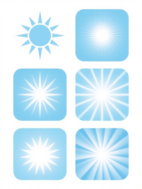 一组6个系列素材集合，每个素材均为纯色背景（白色），保持明亮柔和的光线效果和简洁现代的设计风格，整体色彩变换为清新的浅蓝色调，包含完全不同造型和角度的太阳光芒元素，光芒线条粗细均匀、呈放射状发散，带有柔和的光晕渐变效果，所有素材规整排布在画面中，形成统一且富有变化的视觉整体，画面干净通透，光线自然柔和，具有清晰的视觉层级和高效的信息传达效率。预览效果
