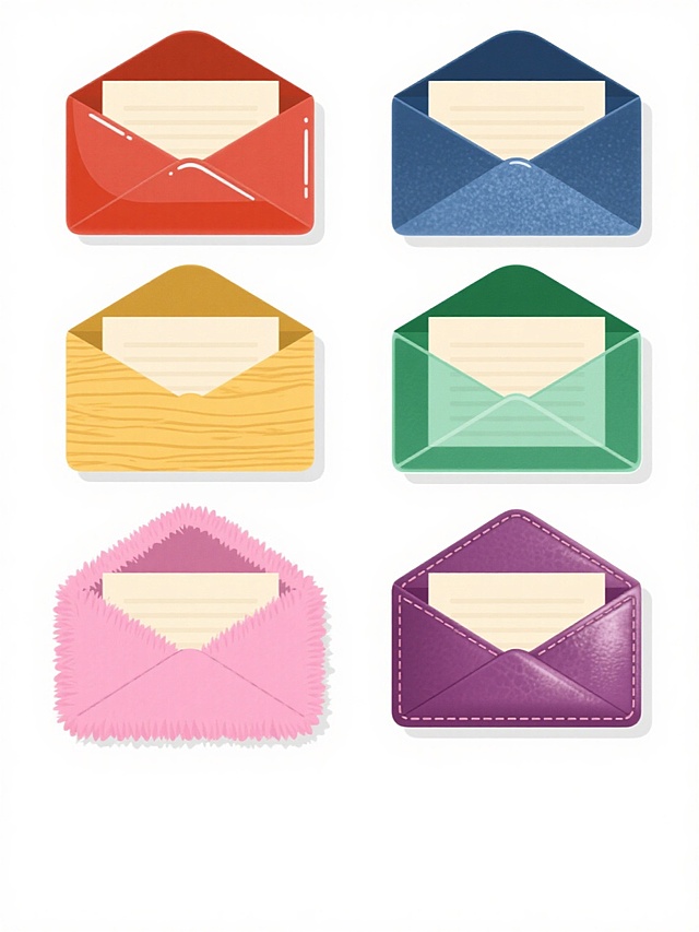六个完全相同造型的打开信封（内有信纸露出顶部）规整排布在纯白色背景上，每个信封保持相同的打开角度和信纸露出状态，整体呈现简洁的扁平化插画风格，线条平滑无笔触，第一个信封为光滑的红色陶瓷材质，表面有细腻的釉面光泽；第二个信封为深蓝色磨砂金属材质，带有轻微的颗粒感和冷色调反光；第三个信封为黄色木质材质，表面有清晰的木纹肌理；第四个信封为绿色透明玻璃材质，内部信纸隐约可见；第五个信封为粉色绒毛材质，边缘有柔软的毛边效果；第六个信封为紫色皮革材质，带有精致的缝线和皮革特有的光泽感，所有信封色彩鲜明且各不相同，整体布局整齐有序，形成一个系列素材集合。