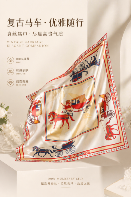将这款真丝丝巾做成一张精致的电商宣传海报，保留丝巾本身的复古马车图案设计，突出丝巾的真丝质感和高级质感，背景简洁高雅，突出产品，整体风格高端大气适合商品推广预览效果