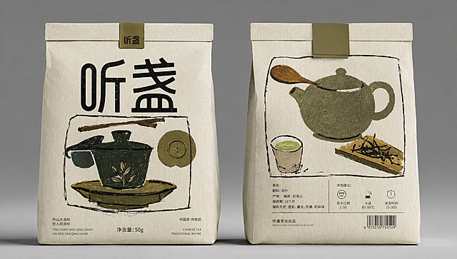参考这个logo「图片1」，做一套中式茶饮品牌VI视觉设计,品牌名称为“听盏”，分别生出包括包装袋，礼盒，罐装茶叶，袋装茶叶，茶包，金属卡，挂绳，徽章，元素直接用「图片1」中的元素，要求趣味，中式荒诞，创意构图，极简，抽象艺术，潦草，颗粒感，粗砺写意，意境，荒诞，线条，色块，比例失调，故事感，情绪叙事，异想天开，视觉冲击力强，先锋前卫艺术，怪诞，不完美，缺憾美，充满想象的构图，内容简洁，极简美学意境，粗旷颗粒感强，趣味抽象