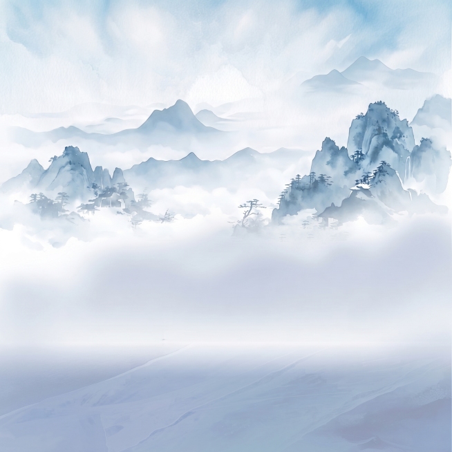 浅蓝色水彩水墨山水画，保持原画面内容不变，尺寸修改为1:1正方形，整体风格自然统一预览效果