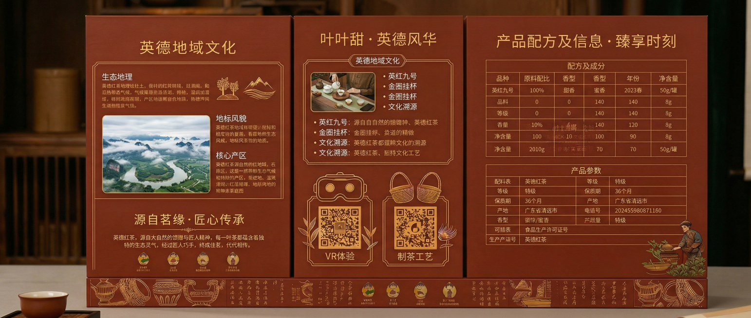 完善英德红茶长礼盒背面，替换重复的英德文化内容，优化文字排版与配图，保留VR体验、制茶工艺二维码和配方表模块，确保内容独特且布局协调预览效果
