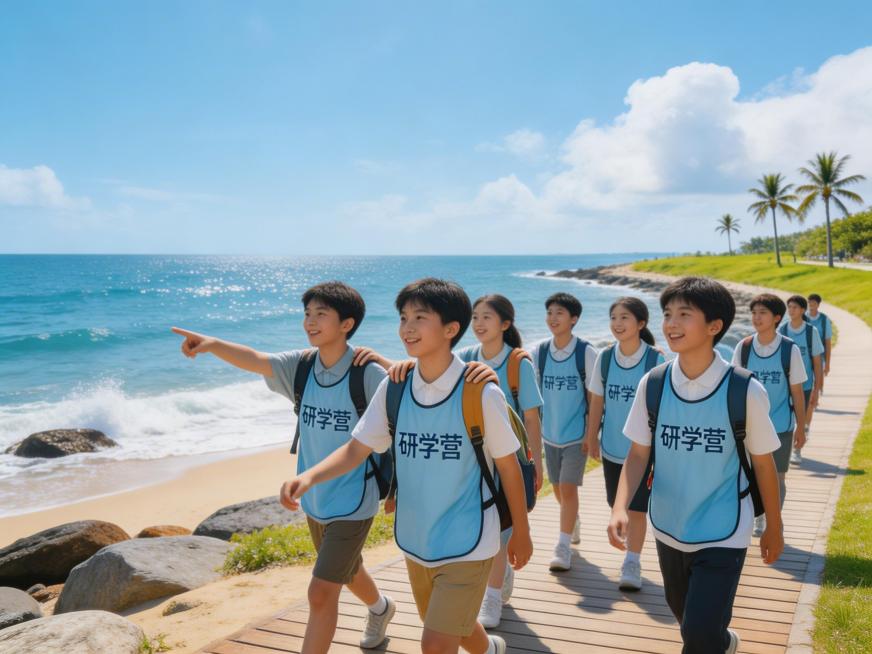 孩子们参与滨海徒步研学，沿着海岸线拥抱自然风光，队伍结伴前行，氛围清新自然，充满青春朝气预览效果