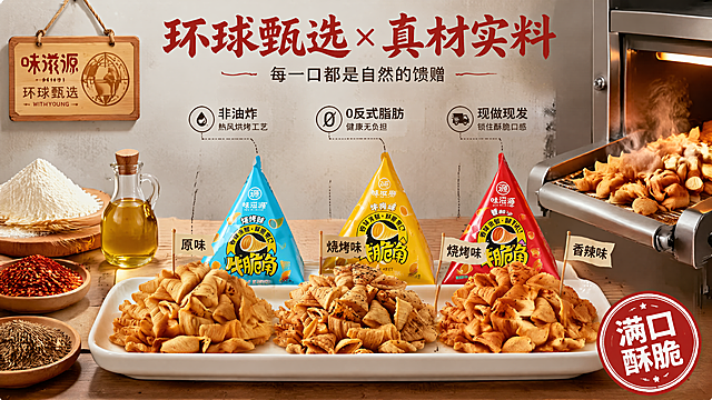 [主图-2] 核心亮点溯源图 - 多口味牛脆角产地工艺展示。
[氛围风格] 纯净食品工厂+自然原料融合风，强调‘真材实料’信任感；背景为浅灰水泥墙+原木操作台，左侧悬挂‘味滋源环球甄选’标牌。
[画质] 高清微距摄影，4K分辨率，突出食材颗粒与工艺细节。
[元素] 中央白色长盘陈列三堆牛脆角（原味/烧烤/香辣），每堆顶部插小旗标注口味；盘后竖立三款三角包装，正面朝外；左侧摆放真实原料：小麦粉团、辣椒碎、孜然粒、食用油小瓶；右侧为小型烘焙机局部特写，传送带上有刚出炉的牛脆角，热气微微升腾。**严格保持牛脆角卷曲形态、厚度、调味附着状态与输入图一致**。商品主体占比65%，画面饱满。
[光影] 顶光+侧逆光组合，使牛脆角边缘泛金边，原料颗粒有微反光；热气用柔焦处理，不遮挡主体。
[配色] 主色：食物金黄+原料棕红；辅色：包装蓝/黄/红 + 水泥灰 + 原木色；字色深褐（#4A3C2D）用于说明，主标题用朱红（#B22222）。
[视角构图] 正面平视略俯，三堆牛脆角呈品字形布局；引线细虚线从原料指向对应口味堆，标注‘非油炸’‘0反式脂肪’‘现做现发’。
[文字版式] 顶部居中主标题“环球甄选 × 真材实料”书法体；中部三组引线说明用细黑体，字号统一；右下角悬浮印章式圆章‘满口酥脆’，红底白字。
[比例分辨率] 1:1，2048×2048，4K。
[负向提示词] 变形, 水印, 文字模糊, 产品色差, 背景杂乱, 医疗感, 过度修图, 冷色调。