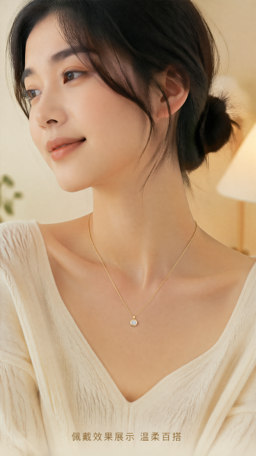[第5屏] 模特佩戴效果展示，保持项链产品和【图1】一致。年轻亚洲女生锁骨位置佩戴，日常温柔场景，浅暖背景。焦点落在项链上，底部小字标注「佩戴效果展示 温柔百搭」。风格：自然生活化，低饱和高级感。比例预览效果